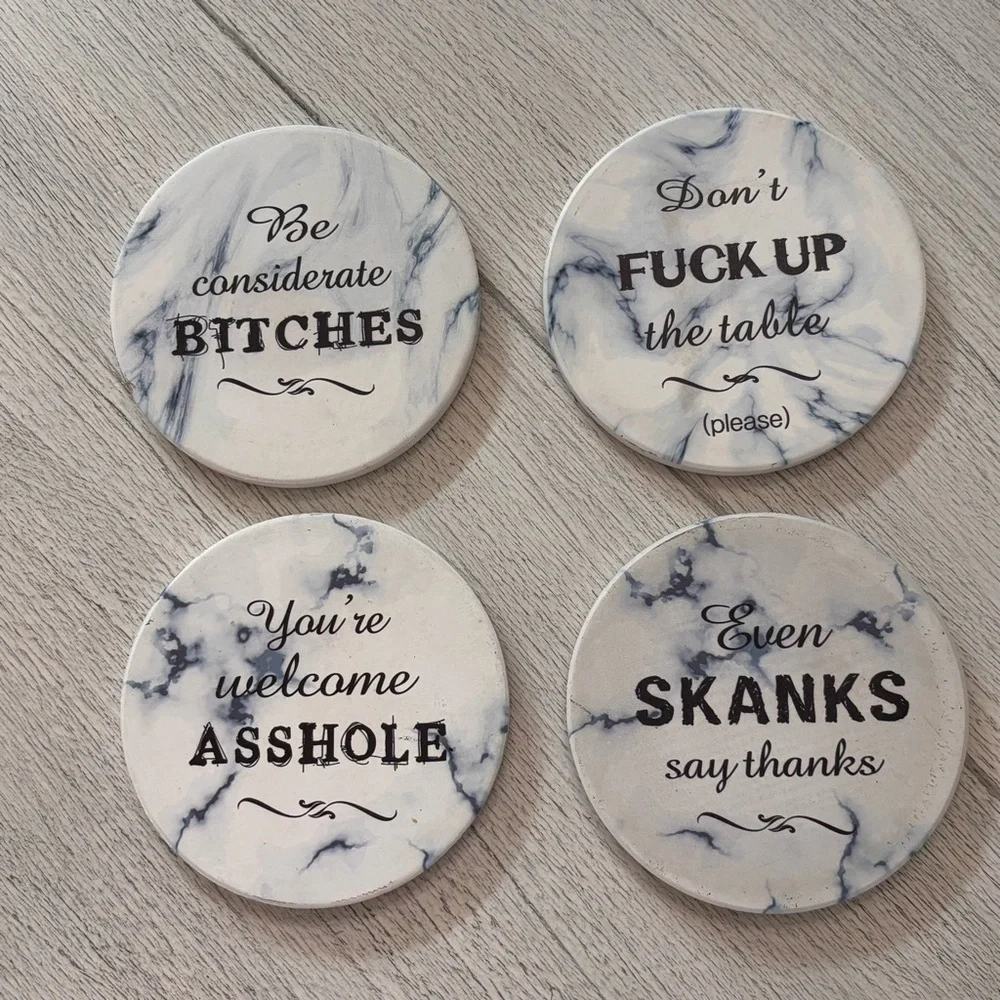 Set Of 4 Naughty Coasters White Marble Print 4” Graphic Moisture Absorbing
